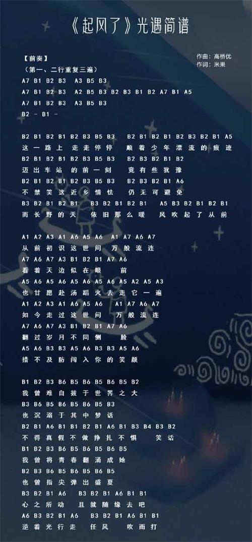 光遇起风了乐谱推荐-钢琴竖琴数字简谱分享