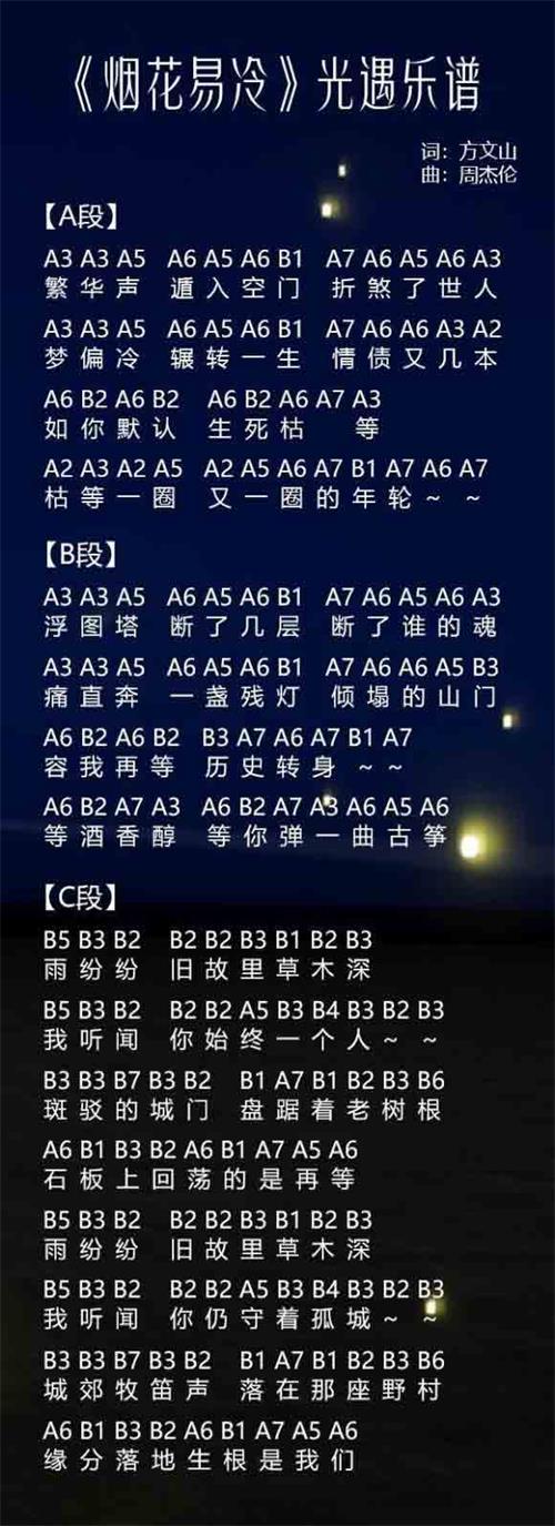 光遇烟花易冷谱子推荐-钢琴竖琴数字简谱分享